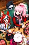  3girls absurdres animal_ears black_gloves chopsticks commentary cup demon_horns english_commentary fingerless_gloves food gloves griddle hakos_baelz high_ponytail highres holding holding_chopsticks holding_cup holding_tongs hololive hololive_english horns indoors irys_(hololive) jacket meat miku_(mikururun) mori_calliope mori_calliope_(streetwear) multicolored_hair multiple_girls open_clothes open_jacket open_mouth pink_hair ponytail sharp_teeth sitting sliced_meat smile teeth tongs two-tone_hair vegetable virtual_youtuber yakiniku 