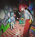  3girls akita_neru black_necktie blue_dress blue_eyes blue_hair commentary dress drill_hair giant giantess gloves hat hatsune_miku highres horror_(theme) indoors kasane_teto kieed long_hair looking_at_viewer mesmerizer_(vocaloid) multiple_girls necktie pinstripe_dress pinstripe_pattern red_eyes red_hair revision shirt short_sleeves smiley_hair_ornament striped_clothes striped_shirt triple_baka_(group) twin_drills twintails utau visor_cap vocaloid yellow_gloves 