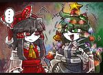  2girls ascot bell black_hair blue_skirt blush_stickers bow candy candy_cane christmas christmas_lights christmas_ornaments christmas_stocking detached_sleeves food frog_hair_ornament green_eyes green_hair hair_between_eyes hair_bow hair_ornament hakurei_reimu hand_on_hip hat kochiya_sanae laughing long_hair multiple_girls pointing red_bow red_eyes red_shirt red_skirt santa_hat shirt sidelocks skirt snake_hair_ornament spoken_ellipsis squiggle suenari_(peace) touhou white_shirt white_skin wide_sleeves yellow_neckwear 