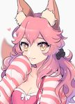  animal_ears bra breasts casual cleavage collarbone commentary_request fate/extra fate/grand_order fate_(series) fox_ears fox_tail heart highres kisaragi_yuu_(fallen_sky) large_breasts looking_at_viewer open_clothes open_shirt pink_bra pink_hair shirt simple_background striped striped_shirt tail tamamo_(fate)_(all) tamamo_no_mae_(fate) underwear white_background yellow_eyes 