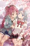  2girls aqua_hoodie arm_around_shoulder artist_name black_bow black_shirt black_skirt blue_eyes blue_hair blush bow bowtie breasts cherry_blossoms collared_shirt commentary_request dango dappled_sunlight day denim denim_shorts eating falling_petals food fur_trim hair_ornament hairclip hand_on_another's_shoulder hand_on_lap highres holding holding_another's_wrist holding_food hood hoodie juliet_sleeves long_hair long_sleeves looking_at_another looking_at_food looking_to_the_side mahou_shoujo_madoka_magica mahou_shoujo_madoka_magica_(anime) midriff_peek miki_sayaka mitakihara_school_uniform multiple_girls on_bench outdoors petals plaid_clothes plaid_skirt pleated_skirt ponytail puffy_sleeves purigetsu red_bow red_bowtie red_eyes sakura_kyoko school_uniform shirt short_hair shorts sitting skirt small_breasts sunlight wagashi yuri 