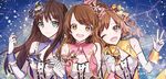  breasts brown_eyes brown_hair cleavage commentary_request ecru girl_sandwich green_eyes hair_ornament holding_hands honda_mio idol_clothes idolmaster idolmaster_cinderella_girls medium_breasts multiple_girls one_eye_closed sandwiched shibuya_rin shimamura_uzuki sparkle stage_of_magic yellow_eyes 