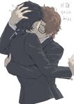  2boys black_hair black_ribbon brown_hair closed_eyes commentary_request cropped_torso english_text french_kiss gekkoukan_high_school_uniform glasses hand_on_another's_back hand_on_another's_head hiraga_keisuke hug isa_(peien516) kiss male_focus multiple_boys neck_ribbon odagiri_hidetoshi persona persona_3 ribbon school_uniform short_hair simple_background translation_request white_background yaoi 