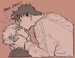  2boys battle_tendency blush cable_knit caesar_anthonio_zeppeli chuu_ni closed_eyes commentary_request cropped_torso fake_head_wings from_side hands_on_another's_face heart jojo_no_kimyou_na_bouken joseph_joestar joseph_joestar_(young) kiss kissing_nose long_sleeves looking_at_another looking_up male_focus monochrome multiple_boys orange_background parted_bangs profile shirt simple_background sound_effects sweater yaoi 