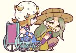  2boys arm_warmers beanie beard blonde_hair blue_eyes blue_pants blue_sleeves brown_hat brown_pants cape chibi chibi_only commentary cowboy_hat facial_hair gold_teeth green_eyes grey_hair grin gyro_zeppeli hat heart_ornament hood hood_down hoodie horseshoe_hat_ornament horseshoe_ornament johnny_joestar jojo_no_kimyou_na_bouken long_hair m_a_a_m_8 male_focus medium_hair multiple_boys pants redrawn smile star_(symbol) star_print steel_ball_run two-tone_sleeves wheelchair white_hat white_hoodie white_sleeves yellow_cape 