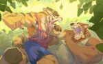  16:10 2017 5_fingers anthro bear big_muscles blue_eyes brown_fur claws clothed clothing duo feline fight fist fur hi_res jungle juuichi_mikazuki male mammal morenatsu muscular muscular_male nyuudles open_mouth orange_fur roaring striped_fur stripes teeth tiger torahiko_(morenatsu) 