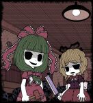 2girls arms_at_sides black_eyes blonde_hair bow bowtie ceiling_light cleaver cowboy_shot dress frilled_bow frilled_ribbon frills front_ponytail frown genkidaun green_hair hair_bow hammer hatching_(texture) holding holding_cleaver holding_hammer indoors jitome linear_hatching long_hair looking_at_viewer medicine_melancholy medium_hair multiple_girls open_mouth puffy_short_sleeves puffy_sleeves purple_shirt red_bow red_bowtie red_dress red_ribbon red_skirt ribbon shirt short_sleeves skirt smile solid_eyes touhou 
