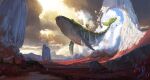  1boy absurdres cloud cloudy_sky commentary destruction english_commentary fantasy flying_whale grass highres landscape light_rays mountain original outdoors path red_grass rock scenery sin_jonghun sky very_wide_shot whale 