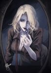  1girl applying_lipstick applying_makeup arm_support blonde_hair breasts choryu_desu cleavage collared_shirt commentary highres langley_(path_to_nowhere) leaning_forward medium_hair mirror necktie path_to_nowhere shirt skirt sleeves_rolled_up solo standing untranslatable_commentary 