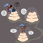 abstract_background bell bell_collar blue_eyes bottomwear brown_background brown_body brown_fur buckteeth clothing collar comic dialogue duo ear_piercing ear_ring fur hi_res jewelry like_like markings mouse_tail nonbinary_(lore) nude nude_anthro pants piercing red_collar red_nose ring_piercing simple_background slime speech_bubble tail tail_wraps teeth trevor-fox trevor-fox_(character) vore whisker_markings wraps