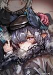  2girls :i arknights artist_name black_hat blue_hair blush chinese_commentary commentary_request ear_blush gloves grey_hair hair_over_one_eye hand_up hat head_on_chest head_wings headpat highres l5mon_meng leaning_on_person looking_at_viewer looking_back multiple_girls nose_blush pink_gloves pointy_ears portrait purple_eyes raidian_(arknights) sketch smile solo_focus tears ukusik_(arknights) wings 