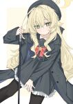  1girl beret black_coat black_hat black_pantyhose black_sailor_collar black_serafuku blonde_hair blue_archive blush bow bowtie cane coat commentary_request fluffy_hair green_eyes halo hat highres holding holding_cane long_hair pantyhose professor_niyaniya_(blue_archive) red_bow red_bowtie sailor_collar school_uniform serafuku side_ahoge simple_background solo wasabi_koharu yellow_halo 