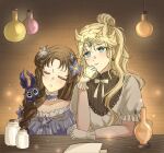  2girls arm_on_table beaker bib_collar black_shirt blonde_hair blue_eyes bow bowtie braid brooch brown_hair choker circlet clematia_(shining_nikki) clematis_(flower) closed_eyes closed_mouth coal_chimera_(creature)_(shining_nikki) collared_shirt commentary creature creature_on_shoulder drakaina_(shining_nikki) dress elbow_on_table english_commentary expressionless eyelashes flower flower_brooch folder frilled_choker frilled_dress frills gloves gold_circlet hair_bun hair_flower hair_horns hair_ornament half_up_braid height_difference highres indoors jar jewelry light_particles lips long_hair long_sidelocks looking_ahead multiple_girls nikki_(series) nonoberry22 off-shoulder_dress off_shoulder on_shoulder open_mouth pendant_earrings ponytail puffy_short_sleeves puffy_sleeves purple_choker purple_dress purple_flower shining_nikki shirt short_sleeves sidelocks single_braid single_hair_bun sleeping thinking upper_body very_long_hair white_bow white_bowtie white_dress white_gloves 