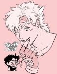  2boys battle_tendency caesar_anthonio_zeppeli chuu_ni closed_mouth collarbone commentary_request empty_eyes facial_mark fake_head_wings finger_heart fingerless_gloves gloves headband heart jojo_no_kimyou_na_bouken joseph_joestar joseph_joestar_(young) looking_at_viewer male_focus multiple_boys one_eye_closed parted_hair pink_background shirt sleeveless sleeveless_shirt tongue tongue_out translation_request winged_headwear 