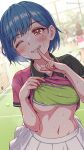  1girl ;) absurdres areola_slip ball blue_hair blush breasts cleavage clothes_lift commentary_request day finger_to_mouth highres kanikatsuya lifting_own_clothes looking_at_viewer medium_breasts mole mole_under_eye navel one_eye_closed orange_eyes original people pink_shirt playing_sports public_indecency public_nudity pulling_own_clothes shirt shirt_lift short_hair shushing skirt smile solo solo_focus sports_bra sportswear standing sweat teeth tennis tennis_ball tennis_club_senpai_(kanikatsuya) tennis_court tennis_uniform two-tone_shirt underboob underwear white_skirt 