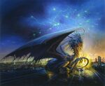1998 absurd_res ambiguous_gender book_cover building car city claws cloud cover destruction dragon electricity feral hi_res jon_sullivan lamp lightning looking_down membrane_(anatomy) membranous_wings mythological_creature mythological_scalie mythology night on_car outside road scalie sitting solo tail traditional_media_(artwork) vehicle wings