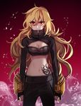  blonde_hair breasts cleavage ecru ember_celica_(rwby) long_hair looking_at_viewer medium_breasts navel red_background red_eyes rwby solo stomach_tattoo tattoo yang_xiao_long 