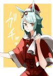  1girl absurdres animal_ears braid brown_eyes capelet closed_mouth commentary crown_braid dress ear_ribbon fujimasa_march_(umamusume) fur-trimmed_capelet fur_trim green_hair half_updo hat highres holding holding_sack horse_ears horse_girl kakuteru_sudachi light_frown long_hair looking_at_viewer orange_background over_shoulder red_capelet red_dress red_hat sack santa_costume santa_dress santa_hat solo umamusume umamusume:_cinderella_gray upper_body 
