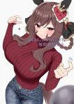  1girl alternate_costume animal_ears blue_pants blush braid braided_hair_rings breasts brown_hair closed_mouth commentary denim ear_covers ear_ornament gentildonna_(umamusume) hair_between_eyes hair_ornament hair_rings heart-shaped_ornament heart_ear_ornament highres horse_ears horse_girl horse_tail large_breasts long_hair long_sleeves looking_at_viewer metal_ball motion_lines pants red_eyes red_sweater ribbed_sweater simple_background solo sweater tail umamusume yamano_rokamizu 