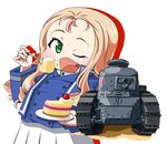  bc_freedom_(emblem) bc_freedom_military_uniform blonde_hair cake chibi commentary_request eating emblem food fruit ft-17 girls_und_panzer green_eyes ground_vehicle long_hair marie_(girls_und_panzer) military military_vehicle motor_vehicle one_eye_closed spoon strawberry tank yunaka_(259808) 