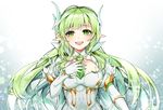  :d colored_eyelashes daybreaker_(elsword) elsword eyebrows_visible_through_hair gloves green_eyes green_hair green_neckwear hamericano hand_on_own_chest long_hair looking_at_viewer necktie open_mouth pointy_ears rena_(elsword) smile solo upper_body white_gloves 