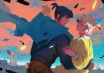  2boys absurdres black_hair blue_hair collared_shirt commentary dancing debris destruction facial_mark highres holding_hands jacket looking_at_another male_focus multiple_boys nezumi_(no.6) no.6 open_mouth outdoors pants ponytail red_eyes rubble ruins sara_deek scarf scenery shion_(no.6) shirt short_hair short_ponytail sweater untranslatable_commentary white_hair white_shirt yaoi yellow_sweater 