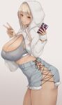  1girl absurdres black_choker blonde_hair blunt_bangs blush bracelet breasts cellphone choker cleavage commentary_request covered_nipples criss-cross_strings dark-skinned_female dark_skin denim denim_shorts from_side gradient_background grey_sports_bra gyaru hands_up high-waist_shorts highres holding holding_phone hooded_shrug jewelry large_breasts looking_at_viewer medium_hair mole mole_under_mouth multicolored_hair nail_polish original phone pink_hair ring ryuu. shorts shrug_(clothing) sleeves_past_wrists smartphone smile smoking_pipe solo sports_bra streaked_hair thick_thighs thighs v white_shrug 