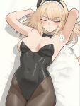  1girl absurdres anger_vein angry animal_ears annoyed armpits arms_behind_head arms_up bare_shoulders bed_sheet black_leotard blonde_hair bow bowtie braid braided_bangs breasts cleavage closed_mouth commentary_request covered_navel detached_collar fake_animal_ears food_on_body g36_(girls'_frontline) gd146 girls'_frontline hair_between_eyes highres leotard long_hair lying medium_breasts on_back on_bed pantyhose playboy_bunny presenting_armpit rabbit_ears simple_background spoken_anger_vein spoon strapless strapless_leotard white_background 