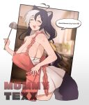  1girl absurdres ahoge animal_ears apron breasts brown_hair cleavage closed_eyes dress hair_between_eyes heart heart_ahoge highres huge_breasts indie_virtual_youtuber kitchen long_hair momote momote_(vtuber) multicolored_hair open_mouth pink_apron ponytail sideboob skunk_girl skunk_tail smile strapless strapless_dress thighs two-tone_hair virtual_youtuber white_background white_dress white_hair 