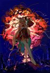  1girl alice_(genshin_impact) bare_shoulders blonde_hair boots breasts closed_eyes commentary detached_sleeves dress elf explosion genshin_impact hair_between_eyes hat high_heel_boots high_heels highres large_breasts long_hair open_mouth pointy_ears red_dress red_sleeves side_ahoge solo suzuri_2449 untranslatable_commentary witch_hat 
