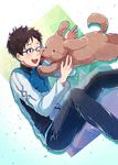  ;d black_hair blue-framed_eyewear brown_eyes dog glasses jacket katsuki_yuuri licking male_focus one_eye_closed open_mouth rayu smile tongue tongue_out track_jacket vicchan younger yuri!!!_on_ice 