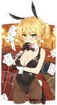  animal_ears ass_visible_through_thighs bare_shoulders black_bow black_gloves black_leotard black_neckwear blonde_hair blush bow bowtie braid breasts brown_legwear buckle bunny_ears bunny_tail bunnysuit card casino cleavage club_(shape) collarbone cropped_legs detached_collar diamond_(shape) french_braid girls_frontline gloves green_eyes hand_on_own_face highres holster kylin large_breasts leotard looking_away one_side_up pantyhose playing_card roulette solo spade_(shape) standing sweat tail thigh_holster thigh_strap thinking welrod_mk2_(girls_frontline) wrist_cuffs 