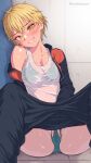  1girl absurdres black_pants blonde_hair blush bra breasts clothes_pull commentary_request green_bra green_panties highres jacket kanikatsuya multicolored_jacket on_floor open_clothes open_jacket original panties pants pants_pull partially_undressed presenting pussy see-through_clothes see-through_shirt shirt short_hair shy smile solo sportswear spread_legs spread_pussy spread_pussy_under_clothes spreading_own_pussy sweat tank_top teeth track_jacket track_suit two-tone_jacket underwear wet wet_clothes yellow_eyes 