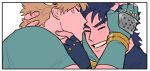  2boys battle_tendency black_gloves black_hair black_shirt blonde_hair blue_gloves blue_shirt blush border caesar_anthonio_zeppeli chuu_ni close-up closed_eyes commentary_request facial_mark fake_head_wings fingerless_gloves gloves grin hand_on_another's_face jojo_no_kimyou_na_bouken joseph_joestar joseph_joestar_(young) kiss male_focus multiple_boys shirt short_sleeves smile thick_eyebrows white_background white_border yaoi 