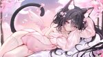  1girl animal_ear_fluff animal_ears bare_shoulders beads black_hair black_tail blush breasts cat_ears cat_girl cat_tail closed_mouth commentary covered_navel crescent_moon crossed_bangs detached_sleeves detached_wings dress english_commentary falling_feathers feathers feet_out_of_frame flower hair_beads hair_between_eyes hair_flower hair_ornament hair_spread_out hands_up highres ketyuiqu long_hair long_sleeves looking_at_viewer lying medium_breasts mini_wings moon on_side original pink_dress pink_eyes pink_flower pink_ribbon pink_sleeves pink_wings puffy_long_sleeves puffy_sleeves ribbon short_dress smile solo tail tail_flower tail_ornament tail_raised tail_ribbon thigh_beads very_long_hair wings 