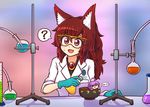  :i ? ahoge alternate_costume animal_ear_fluff animal_ears beaker bowl brooch brown_hair chemistry commentary cylinder english eyebrows_visible_through_hair fang flask gloves goggles gradient gradient_background imaizumi_kagerou jewelry labcoat laboratory liquid minigirl multiple_girls parody photo-referenced purple_hair red_eyes round-bottom_flask siphon sleeves_rolled_up solid_circle_eyes speech_bubble spoken_question_mark sukuna_shinmyoumaru sweatdrop touhou tube upper_body wolf_ears wool_(miwol) 