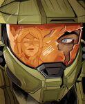  1boy 1girl absurdres armor artist_name catherine_halsey commentary crack cracked_glass cracked_kawaii_mask english_commentary green_helmet halo_(series) helmet highres jaxcian lab_coat looking_to_the_side male_focus master_chief portrait power_armor reflection sanpaku short_hair smile solo_focus spartan_(halo) sweater turtleneck turtleneck_sweater 