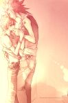  2boys against_wall alternate_costume axel_(kingdom_hearts) belt blush casual checkered_belt closed_eyes clothes_lift english_commentary facial_mark finger_sucking full_body hair_slicked_back hand_on_another's_back height_difference hip_tattoo hood hoodie illbewaiting indoors kingdom_hearts kingdom_hearts_ii leg_between_thighs light_smile limited_palette male_focus medium_hair multiple_boys pants parted_lips roxas shirt_lift short_hair shoulder_tattoo sleeveless sleeveless_hoodie spiked_hair standing tattoo twilight yaoi 