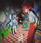  3girls akita_neru black_necktie blue_dress blue_eyes blue_hair commentary dress drill_hair gloves hat hatsune_miku highres indoors kasane_teto kieed long_hair looking_at_viewer mesmerizer_(vocaloid) multiple_girls necktie pinstripe_dress pinstripe_pattern red_eyes red_hair shirt short_sleeves smiley_hair_ornament striped_clothes striped_shirt twin_drills twintails untranslatable_commentary visor_cap vocaloid yellow_gloves 