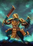  4_fingers 4_toes action_pose anthro armor claws codpiece countershade_torso countershading facial_horn feet fingers headgear helmet hi_res horn lizardman lizardman_(warhammer) lutherniel macuahuitl male melee_weapon nose_horn open_mouth pauldron plate_armor pose scalie seraphon shield sky solo standing straps sword tail tassets toe_claws toes vambrace warhammer_(franchise) warhammer_age_of_sigmar weapon yellow_eyes 