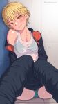  1girl absurdres black_pants blonde_hair blush bra bra_visible_through_clothes cameltoe clothes_pull commentary_request embarrassed green_bra green_panties highres jacket jersey kanikatsuya multicolored_jacket on_floor open_clothes open_jacket original panties pants pants_pull partially_undressed see-through_clothes see-through_shirt shirt short_hair shy smile solo sportswear sweat sweaty_clothes tank_top track_jacket track_suit two-tone_jacket underwear wet wet_clothes yellow_eyes 