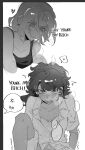  2girls amphibia anger_vein anne_boonchuy blush commentary english_text greyscale haiy_yan3439 highres mole mole_under_eye monochrome multiple_girls partially_unbuttoned sasha_waybright shirt tank_top trembling yuri 