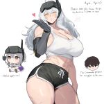 2girls abs apple_apel bare_shoulders black_shorts blush breasts brown_eyes commander_(nikke) commentary cowboy_shot english_commentary english_text goddess_of_victory:_nikke grey_hair hand_up heart highres large_breasts long_hair looking_at_viewer mechanical_arms multiple_girls multiple_scars muscular muscular_female one_eye_closed scar scar_on_leg scarlet_(nikke) short_shorts shorts simple_background single_mechanical_arm snow_white_(heavy_arms)_(nikke) snow_white_(nikke) solo_focus thighs white_background white_hair yellow_eyes 
