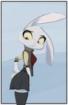  2017 anthro biting_lip blush border clothed clothing crossgender disney fan_character female grey_eyes lagomorph legwear looking_back mammal open_jacket rabbit rolled_up_sleeves side_view skirt solo texi_(yitexity) thigh_highs white_border yellow_sclera yitexity zootopia 