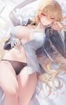  1girl black_jacket black_panties blonde_hair blush breasts cleavage commentary fate/protoreplica fate/stay_night fate_(series) genderswap genderswap_(mtf) gilgamesh_(fate) gz_(gyoju) highres jacket large_breasts licking_lips long_hair long_sleeves looking_at_viewer navel panties red_eyes shirt smile solo tongue tongue_out underwear untranslatable_commentary white_shirt 