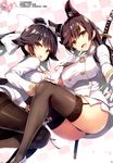  animal_ears ass atago_(azur_lane) azur_lane bangs black_panties blush bow bowtie breasts brown_eyes brown_hair buttons checkered checkered_background chinese dutch_angle eyebrows_visible_through_hair flower garter_straps gloves hard_translated hard_translated_(non-english) highres katana large_breasts long_hair looking_at_viewer looking_back military mole mole_under_eye multiple_girls open_mouth page_number panties pantyhose petals ponytail scan smile sword takao_(azur_lane) thighhighs tomose_shunsaku underwear uniform weapon white_gloves 