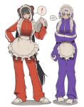  ! 2girls absurdres apron black_hair bow breasts embarrassed frilled_apron frills full_body hair_bun highres holding holding_plate jacket jersey_maid jia_xichun_(project_moon) kira_(project_moon) large_breasts limbus_company long_hair long_sleeves maid maid_apron misg1111 multiple_girls open_mouth plate project_moon purple_bow purple_track_suit red_track_suit shoes simple_background sneakers track_jacket track_suit turtleneck turtleneck_jacket unconventional_maid white_apron white_background white_hair 