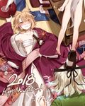  3girls alcohol armpits bare_shoulders barefoot blonde_hair blush bottle clenched_hand commentary_request cup drunk electricity from_behind green_hair grin hair_censor hat hat_removed headwear_removed highres japanese_clothes kimono long_hair long_sleeves looking_at_viewer lying mononobe_no_futo multiple_girls new_year nose_blush nude obi off_shoulder on_back pointy_hair purple_kimono sakazuki sake sarashi sash shan short_hair smile soga_no_tojiko tate_eboshi tokkuri touhou toyosatomimi_no_miko white_hair wide_sleeves yellow_eyes 