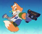  1boy animal_ears artist_name commentary english_commentary fox_boy fox_ears fox_mccloud fox_tail furry furry_male gloves green_jumpsuit grey_gloves gun highres holding holding_gun holding_weapon jacket jumpsuit looking_at_viewer male_focus rafacr_28 scouter smile star_(symbol) star_fox tail weapon white_jacket 