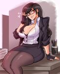 1girl absurdres adjusting_eyewear alternate_costume black_bra black_gloves black_jacket black_skirt border bra bra_peek breasts brown_hair brown_pantyhose cleavage collarbone commentary cup desk diamond_earrings earrings english_commentary feet_out_of_frame final_fantasy fingerless_gloves glasses gloves grin heart highres jacket jewelry large_breasts long_hair looking_at_viewer office_lady on_desk open_mouth pantyhose papers partially_unbuttoned pen pencil pencil_skirt pink_background red_eyes scruffyturtles shirt short_sleeves simple_background sitting skirt smile solo swept_bangs tifa_lockhart underwear white_border white_shirt 